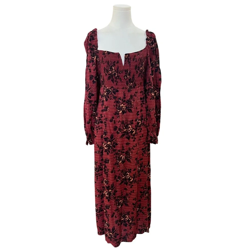 Free People Burgundy Viscose Modal‎ Jaymes Maxi Dress Dark Floral Smocked Small